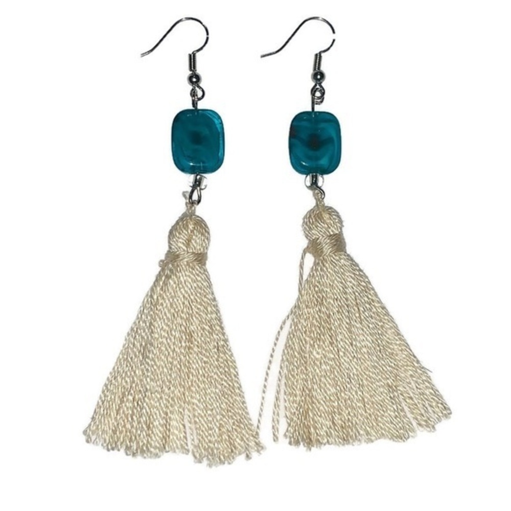 Silver BOHO ivory tassel earrings -bluegreen stone